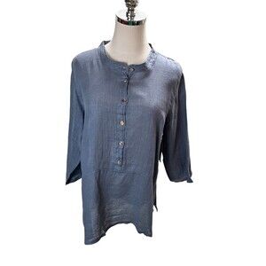 Click Top Women's Size Large Gray Color Me Cotton 100% Linen Button Up